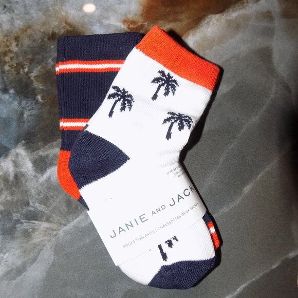 JANIE & JACK 2 PK STRIPED/PALM TREE PRINT SOCKS SIZE 12/24 MONTHS BOYS NEW - Picture 1 of 6
